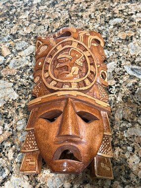Vintage Mexican Hand Carved Wood Mask Aztec Mayan Warrior Calendar Wall Art 16"